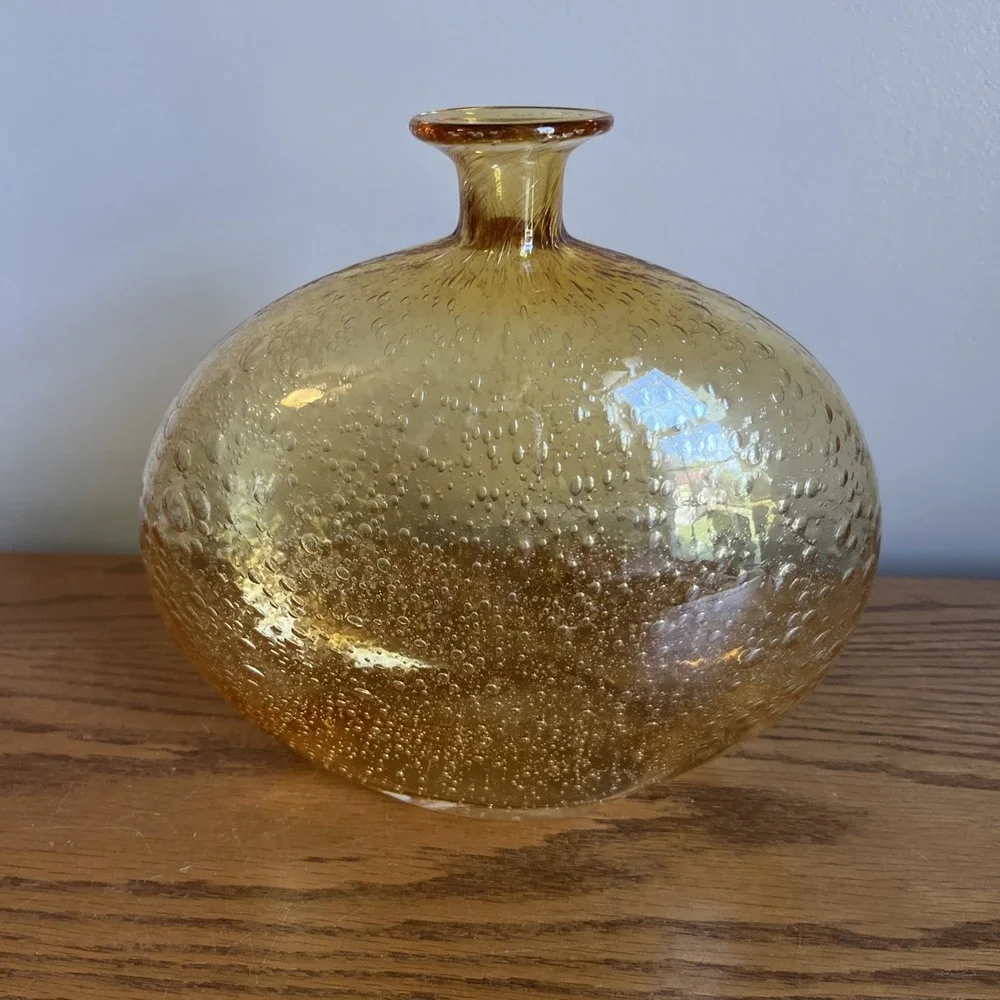 Vintage Bubble Glass Vase Amber Yellow Art Glass Contemporary MCM